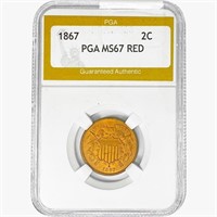 1867 Two Cent Piece PGA MS67 RED