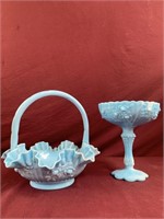 Fenton Blue Slag basket And pedestal bowl