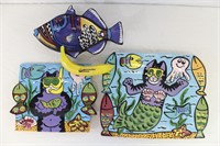 3 Signed Funky Hand-Painted Fish Bowl & Platters