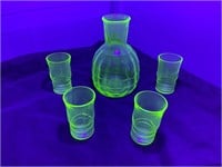 VTG Green Uranium Glass Caraffe & Shot Glasses