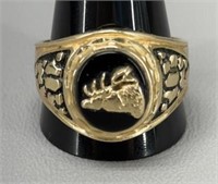 10k Gold 'Elk' on Black Onyx Stone Mens ring 14.5