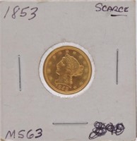 1853 $2 1/2 Gold Liberty, Scarce Date, MS63
