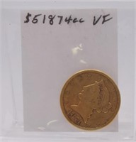 1874-CC $5 Gold Liberty VF
