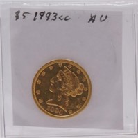 1893-CC $5 Gold Liberty AU