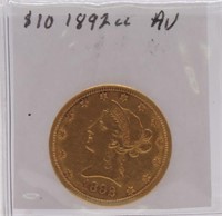 1892-CC $10 Gold Liberty AU