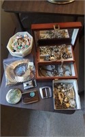 Lot of jewelry,  belt buckles & jewelry box
