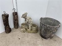 Lot: Pail, garden decor, misc