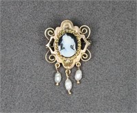 14K Gold & Seed Pearl Cameo Brooch