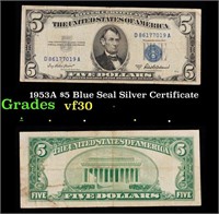 1953A $5 Blue Seal Silver Certificate Grades vf++