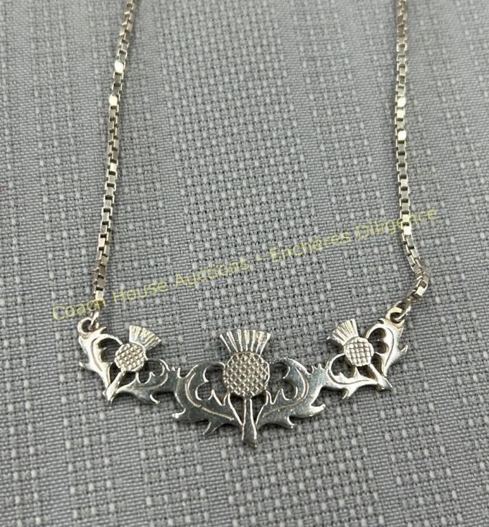 Sterling silver thistle necklace, Collier en