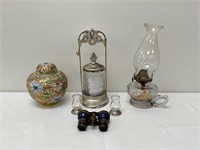 Opera Glasses, Pickle Castor, Oil Lamp & Jar