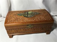 Inlaid Wood Jewelry Box w/ Country Motif