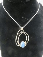 STERLING BLUE STONE NECKLACE 18" PENDANT 1.5"