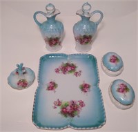 Vintage Antique Blue Porcelain Vanity Set of 6