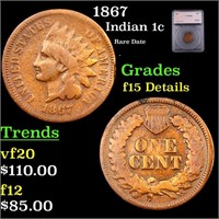 1867 Indian Cent 1c Graded f15 BY SEGS