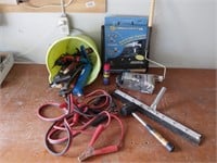 Bucket of tools- jumper  cable's, rubber mallet,