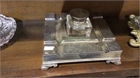 Victorian silver plate ink well & pen tray stand,