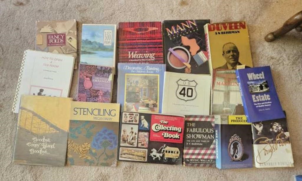 17 books: biography,  decorating, antiques,  etc