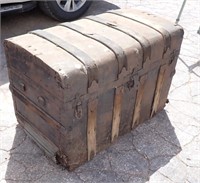 VINTAGE TRUNK, WOOD STRAPS - IN POOR CONDITION