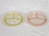 Pair Vaseline & Pink Depression Glass Plates