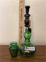 Green glass vase and oil container