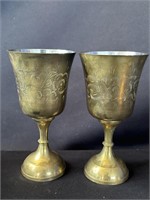 Pair of vintage etched brass goblets in case