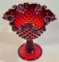 GOOD HOBNAIL CRANBERRY GLASS FOOTED COMPOTE