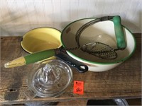 Antique Graniteware Bowl, Pan Glass Juicer,