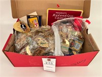 SHOE BOX OF COLLECTIBLE PINS, etc