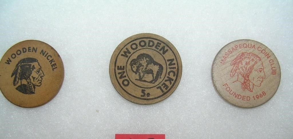 Group of 3 wood advertising nickels