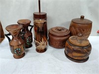 3 carved lidded containers 3 carved vases