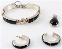 MEXICAN SILVER AND BLACK ENAMEL JEWELRY SET