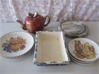 6" Tea Pot, Cutting Board, Plates & Ceramic Dish