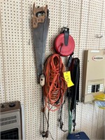 Group of Misc items: lead cords, tarp straps, saw