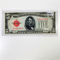 1928-B Red Seal $5 Bill CLOSELY UNCIRCULATED