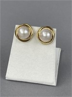 14K Yellow Gold Mabe Pearl Button Post Earrings