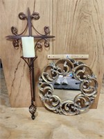 Cross Candle Sconce & Round Metal Mirror