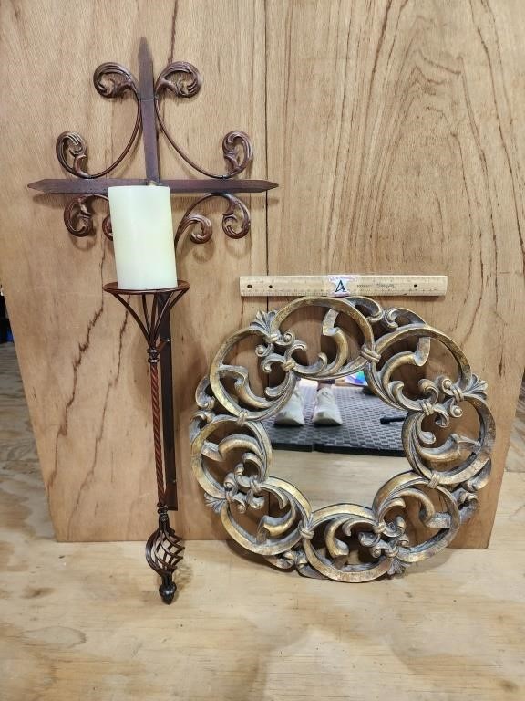 Cross Candle Sconce & Round Metal Mirror