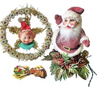 Vintage Christmas Decor-Flocked Santa, Elf
