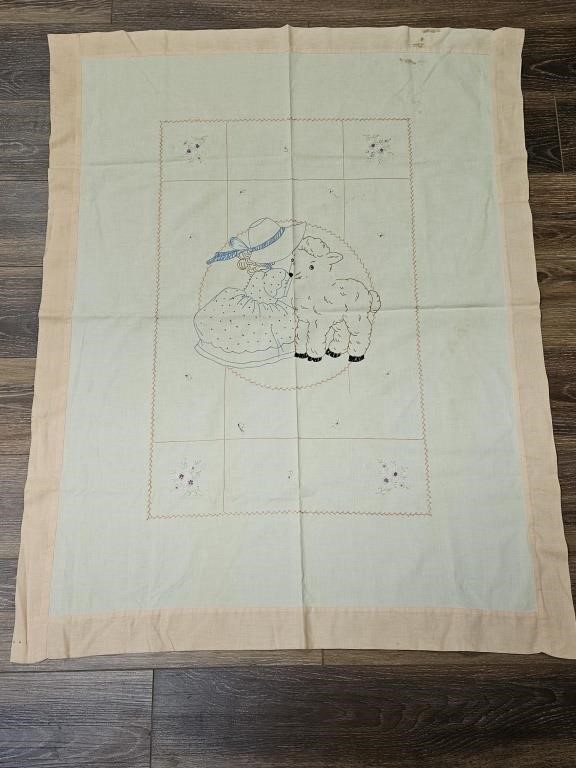 Vintage Embroidered Baby Coverlet 48 X 36"