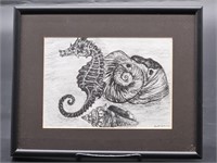 Signed Charcoal Sketch Seahourse & Shells