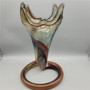 HAND BLOWN COLORED GLASS ART VASE 11.5" TALL