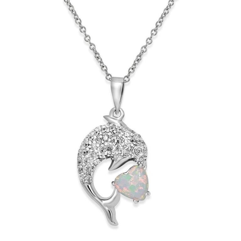 Sterling Silver Created Opal Dolphin Necklace