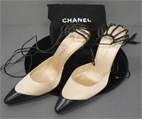 Chanel birdcage heel, satin cap toe, wrap tie