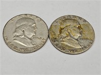 2- 1952 S Franklin Silver Half Dollar Coins