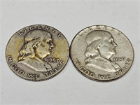 2- 1957 Franklin Silver Half Dollar Coins