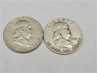 2- 1951 D Franklin Silver Half Dollar Coins