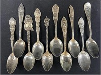 10 souvenir, sterling, silver, spoons