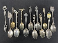13 Sterling, souvenir, spoons, New York, Alaska,