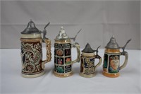 Four beer steins, 8.5 down to 6"H